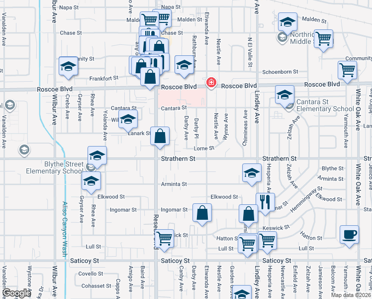 map of restaurants, bars, coffee shops, grocery stores, and more near 8025 Darby Place in Los Angeles