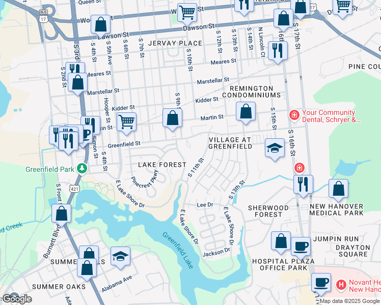 map of restaurants, bars, coffee shops, grocery stores, and more near 1519 Lake Branch Drive in Wilmington