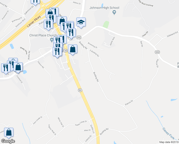 map of restaurants, bars, coffee shops, grocery stores, and more near 3724 Bolding Road in Flowery Branch