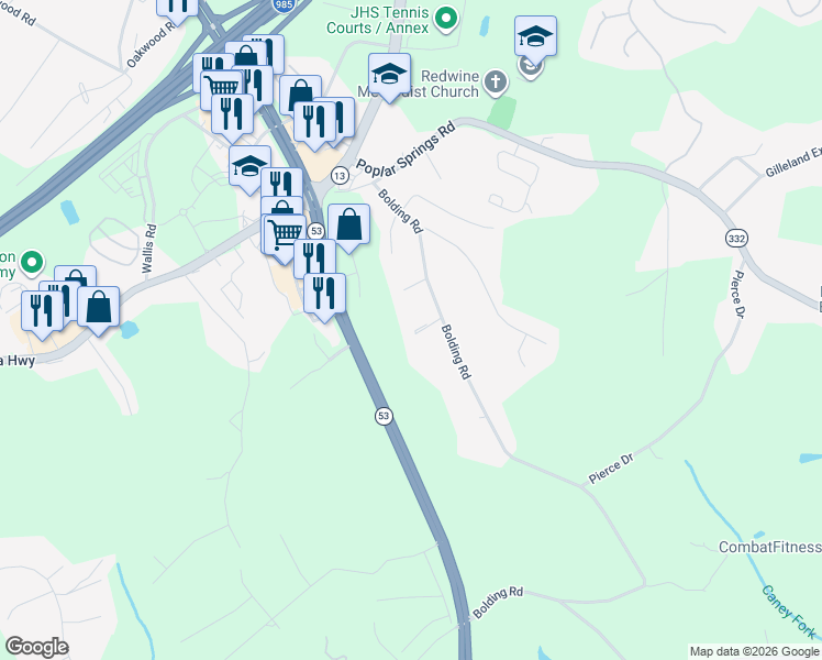 map of restaurants, bars, coffee shops, grocery stores, and more near 3716 Bolding Road in Flowery Branch