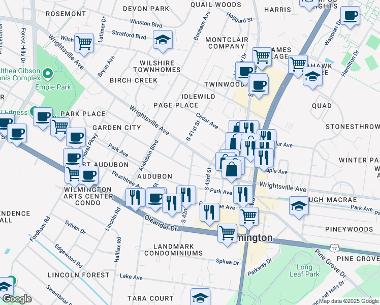 map of restaurants, bars, coffee shops, grocery stores, and more near 4118 Wrightsville Avenue in Wilmington