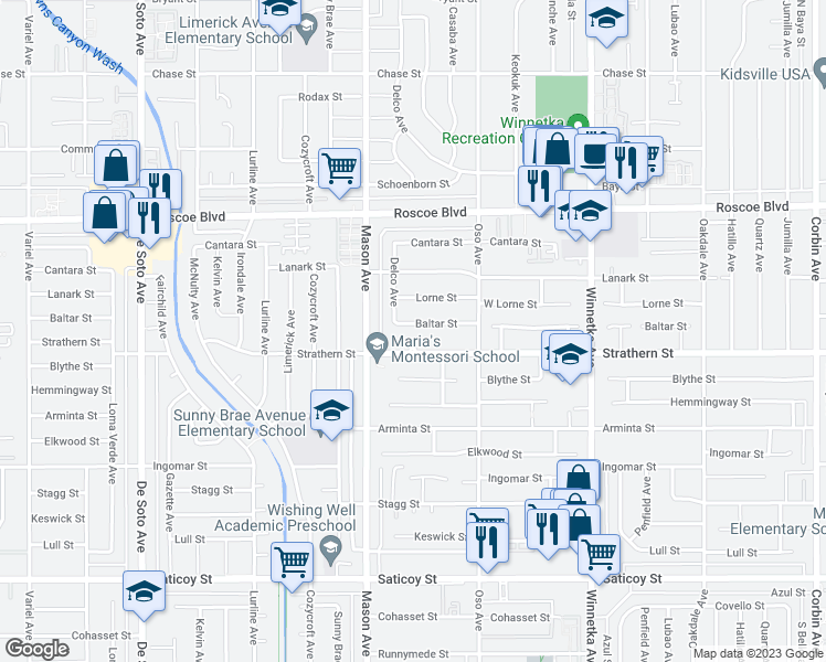 map of restaurants, bars, coffee shops, grocery stores, and more near 20408 Baltar Street in Los Angeles