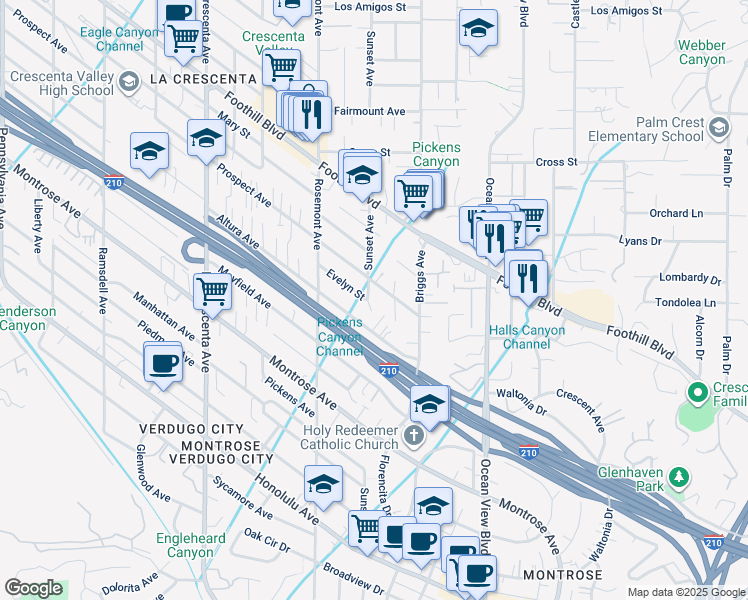 map of restaurants, bars, coffee shops, grocery stores, and more near 4328 Sunset Avenue in La Crescenta-Montrose