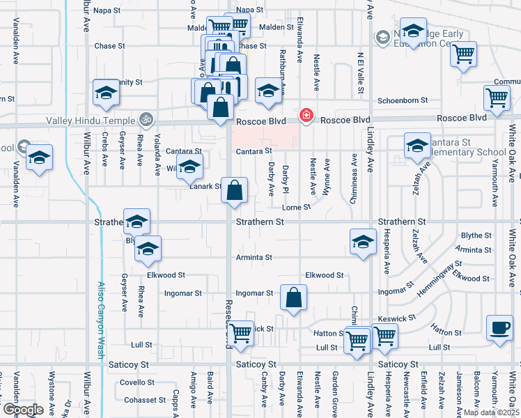 map of restaurants, bars, coffee shops, grocery stores, and more near 8020 Canby Avenue in Los Angeles