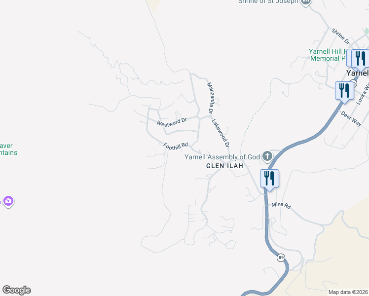 map of restaurants, bars, coffee shops, grocery stores, and more near 17517 Foothill Road in Yarnell