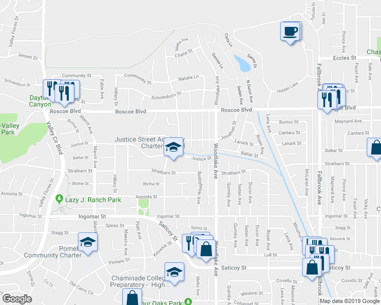 map of restaurants, bars, coffee shops, grocery stores, and more near 8031 Melba Avenue in Los Angeles