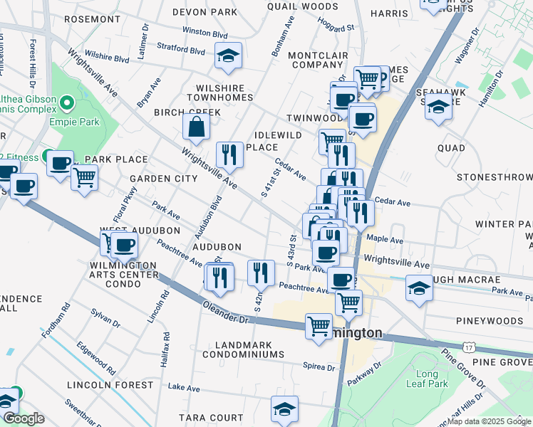 map of restaurants, bars, coffee shops, grocery stores, and more near 4118 Wrightsville Avenue in Wilmington