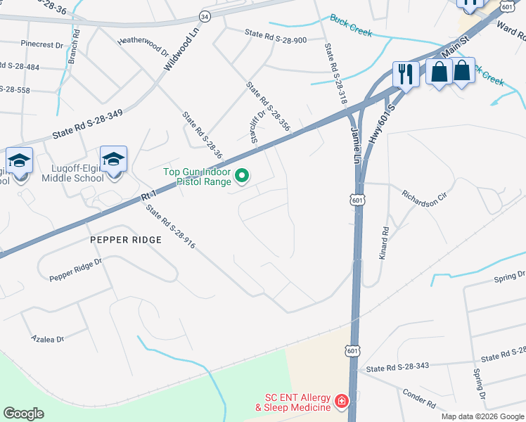 map of restaurants, bars, coffee shops, grocery stores, and more near 1300 Elk Lodge Court in Lugoff