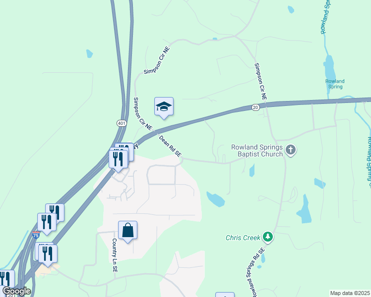 map of restaurants, bars, coffee shops, grocery stores, and more near 29 Dean Road Southeast in Cartersville