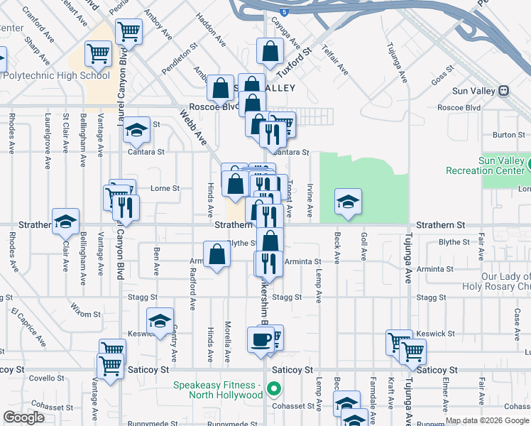 map of restaurants, bars, coffee shops, grocery stores, and more near 8027 Lankershim Blvd in Los Angeles