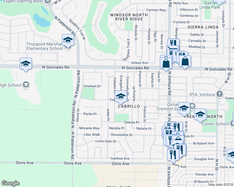 map of restaurants, bars, coffee shops, grocery stores, and more near 1540 Gallatin Place in Oxnard