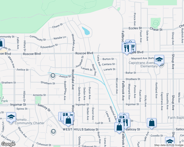map of restaurants, bars, coffee shops, grocery stores, and more near 23039 Baltar Street in Los Angeles