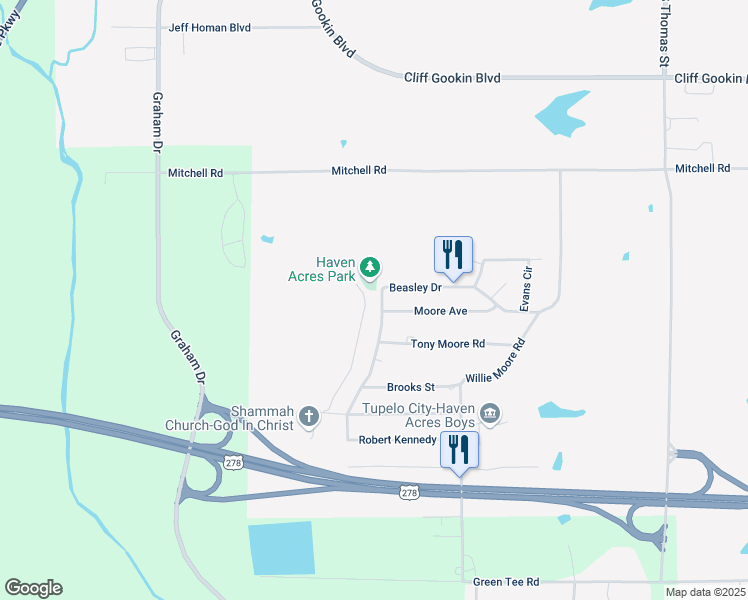 map of restaurants, bars, coffee shops, grocery stores, and more near 2954 Beasley Drive in Tupelo