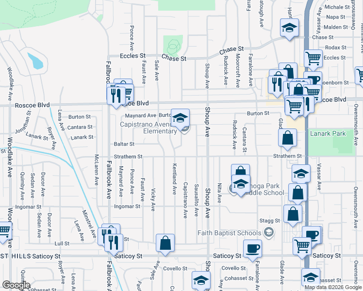 map of restaurants, bars, coffee shops, grocery stores, and more near 22700 Baltar Street in Los Angeles