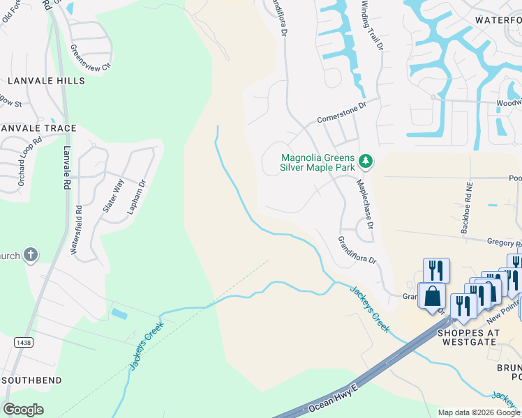 map of restaurants, bars, coffee shops, grocery stores, and more near 1123 Maplechase Drive in Leland