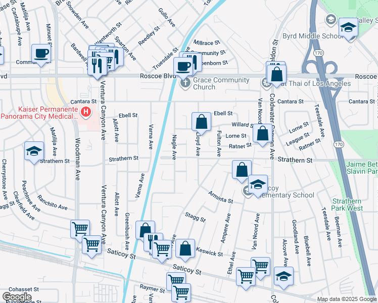 map of restaurants, bars, coffee shops, grocery stores, and more near 8010 Longridge Avenue in Los Angeles