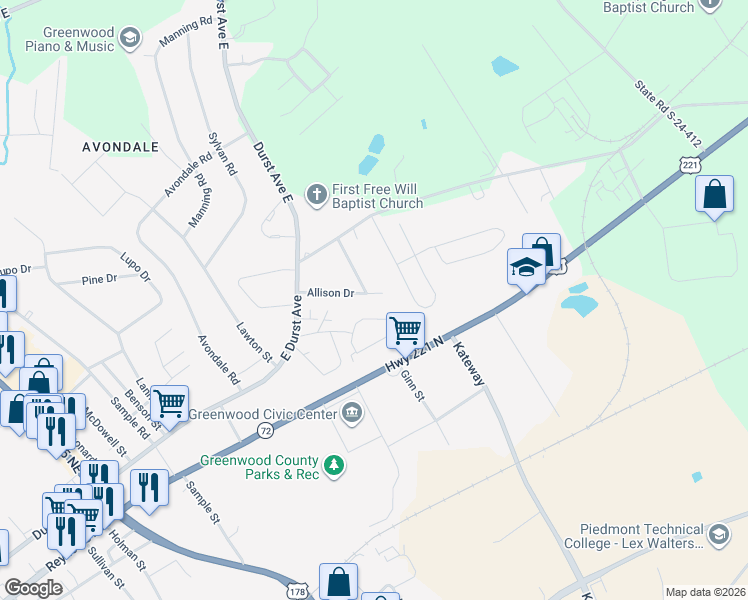map of restaurants, bars, coffee shops, grocery stores, and more near 118 Allison Drive in Greenwood