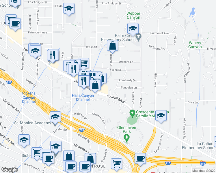 map of restaurants, bars, coffee shops, grocery stores, and more near 4527 Leata Lane in La Cañada Flintridge