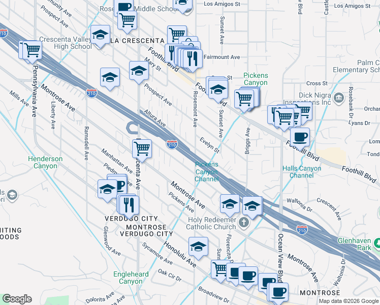 map of restaurants, bars, coffee shops, grocery stores, and more near 2637 Mayfield Avenue in La Crescenta-Montrose