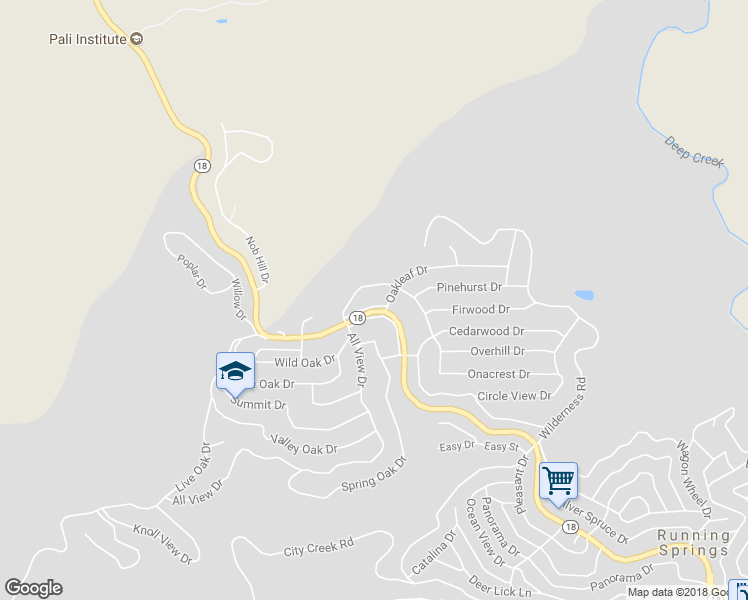 map of restaurants, bars, coffee shops, grocery stores, and more near 31188 Old Highway 18 North in Running Springs