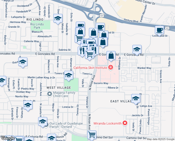 map of restaurants, bars, coffee shops, grocery stores, and more near 1724 Urbana Lane in Oxnard