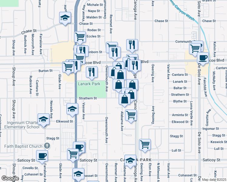 map of restaurants, bars, coffee shops, grocery stores, and more near 8033 Remmet Avenue in Los Angeles