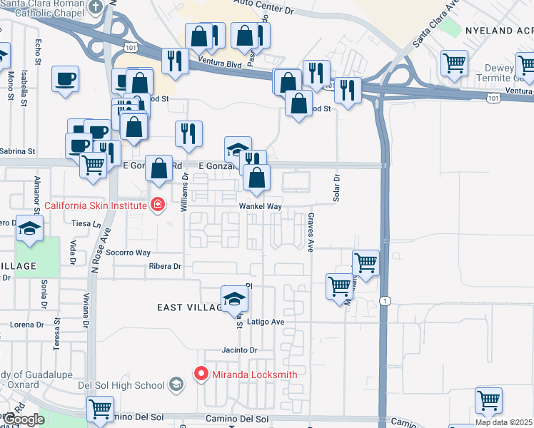 map of restaurants, bars, coffee shops, grocery stores, and more near 1520 North Lombard Street in Oxnard