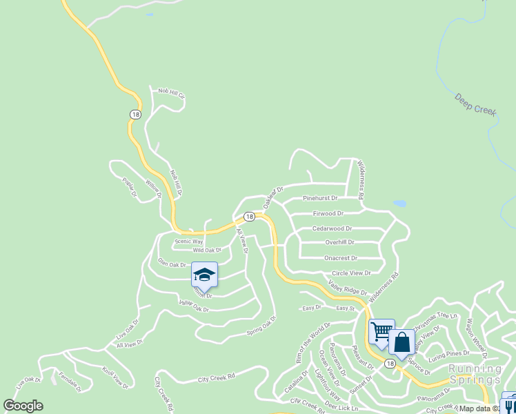 map of restaurants, bars, coffee shops, grocery stores, and more near 31194 Old Highway 18 North in Running Springs