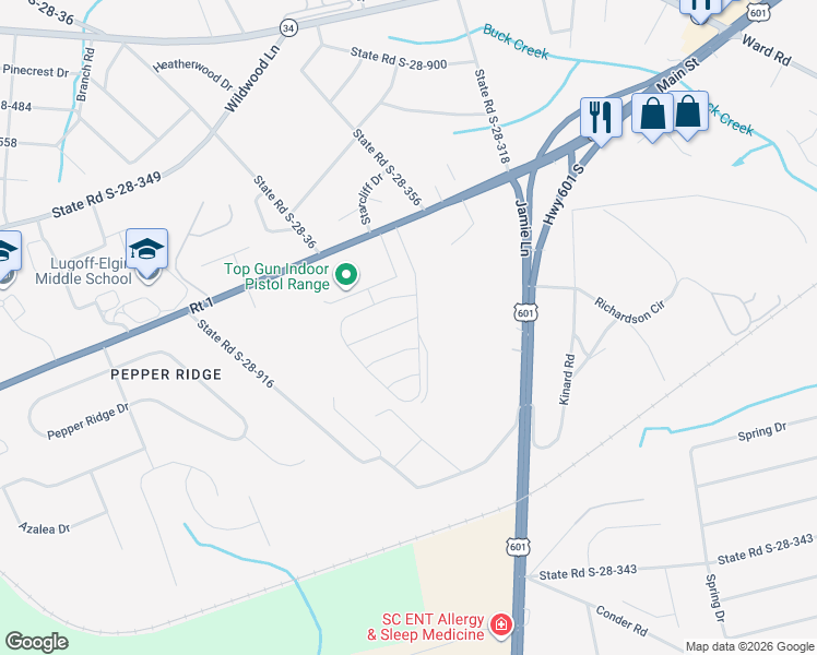 map of restaurants, bars, coffee shops, grocery stores, and more near 1300 Elk Lodge Court in Lugoff
