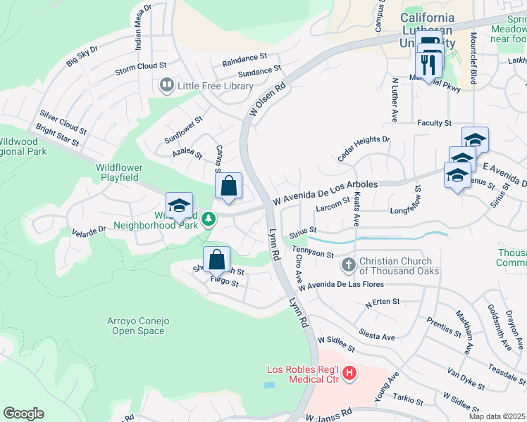 map of restaurants, bars, coffee shops, grocery stores, and more near 453 Serento Circle in Thousand Oaks