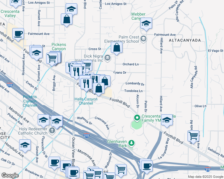 map of restaurants, bars, coffee shops, grocery stores, and more near 4527 Leata Lane in La Cañada Flintridge
