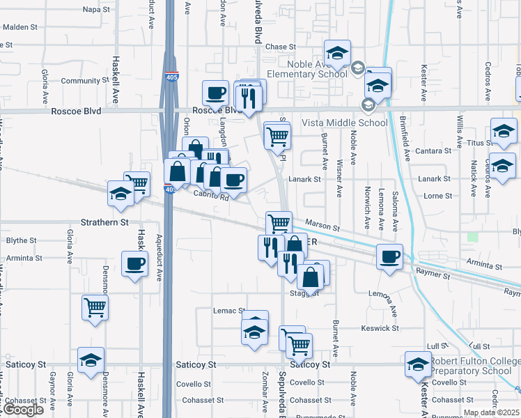 map of restaurants, bars, coffee shops, grocery stores, and more near 8020 Langdon Avenue in Los Angeles