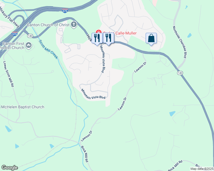 map of restaurants, bars, coffee shops, grocery stores, and more near 225 Mountain Vista Boulevard in Canton