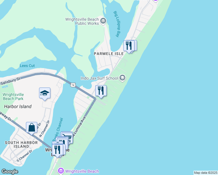 map of restaurants, bars, coffee shops, grocery stores, and more near 8 Sandpiper Street in Wrightsville Beach