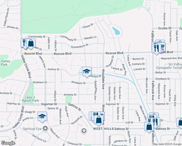 map of restaurants, bars, coffee shops, grocery stores, and more near 8031 Melba Avenue in Los Angeles