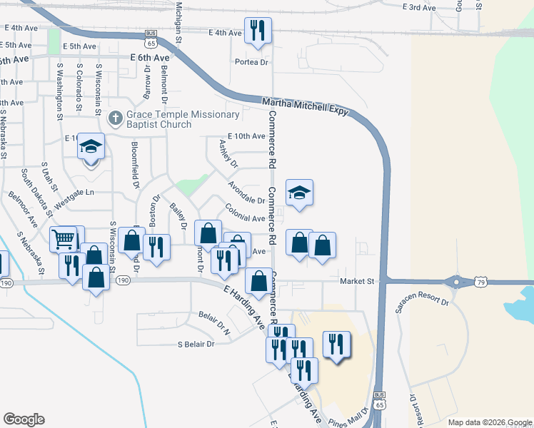 map of restaurants, bars, coffee shops, grocery stores, and more near 2813 Colonial Avenue in Pine Bluff