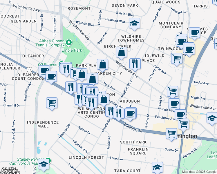 map of restaurants, bars, coffee shops, grocery stores, and more near South 39th Street in Wilmington