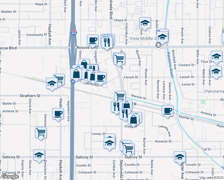map of restaurants, bars, coffee shops, grocery stores, and more near 8020 Langdon Avenue in Los Angeles