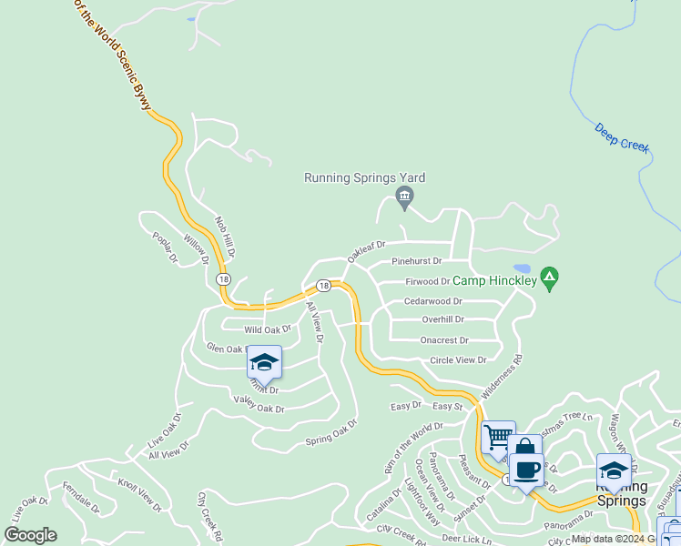 map of restaurants, bars, coffee shops, grocery stores, and more near 31208 Old Highway 18 North in Running Springs