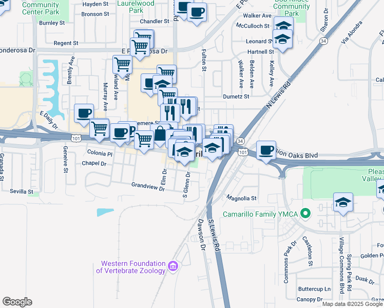 map of restaurants, bars, coffee shops, grocery stores, and more near 3891 Vincente Avenue in Camarillo