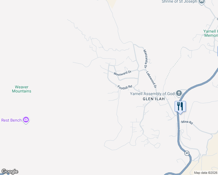 map of restaurants, bars, coffee shops, grocery stores, and more near 17653 Foothill Road in Yarnell