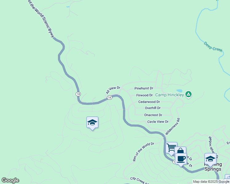map of restaurants, bars, coffee shops, grocery stores, and more near 31188 Old Highway 18 North in Running Springs