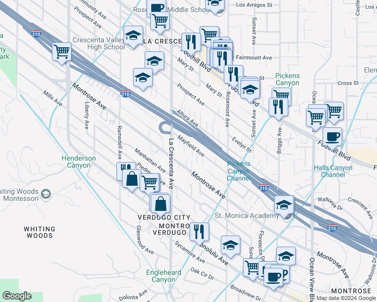 map of restaurants, bars, coffee shops, grocery stores, and more near 2740 Mayfield Avenue in La Crescenta-Montrose
