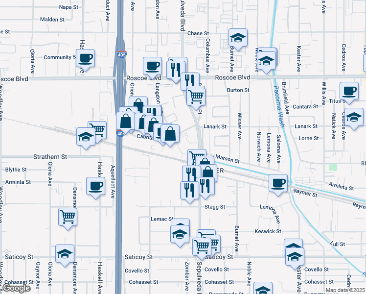 map of restaurants, bars, coffee shops, grocery stores, and more near 8031 Sepulveda Boulevard in Los Angeles