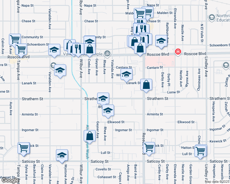 map of restaurants, bars, coffee shops, grocery stores, and more near 8025 Yolanda Avenue in Los Angeles