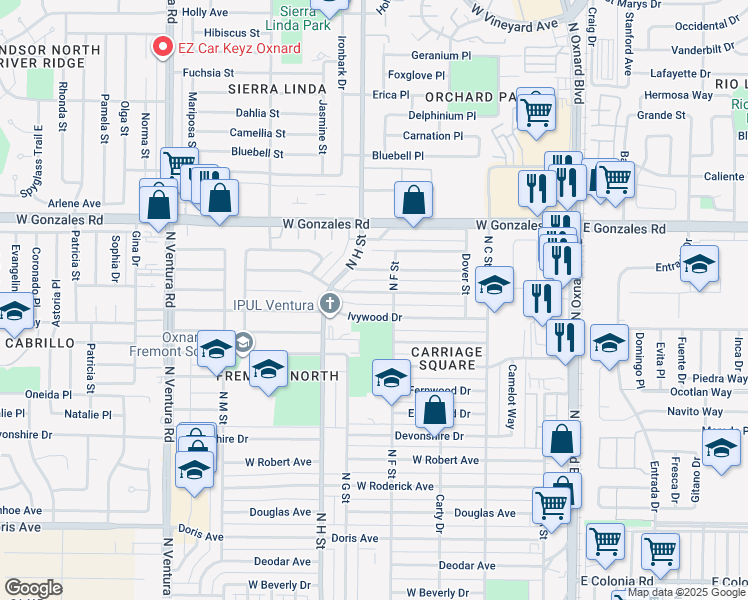 map of restaurants, bars, coffee shops, grocery stores, and more near 722 Janetwood Drive in Oxnard