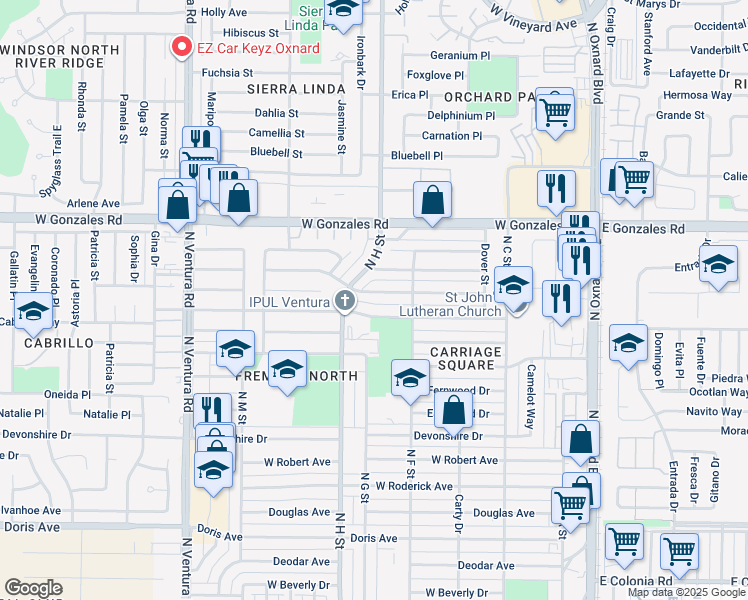 map of restaurants, bars, coffee shops, grocery stores, and more near 822 Janetwood Drive in Oxnard
