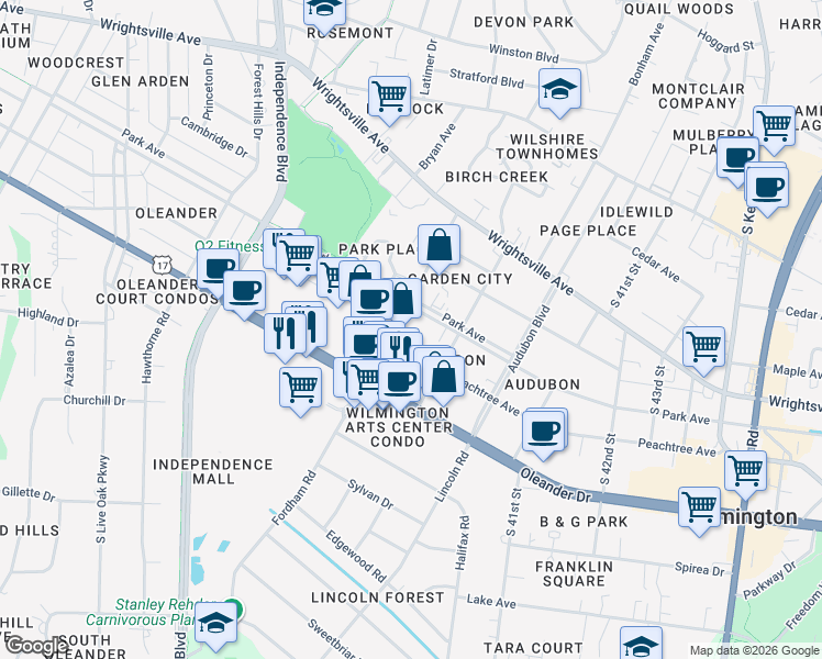map of restaurants, bars, coffee shops, grocery stores, and more near 3802 Park Avenue in Wilmington