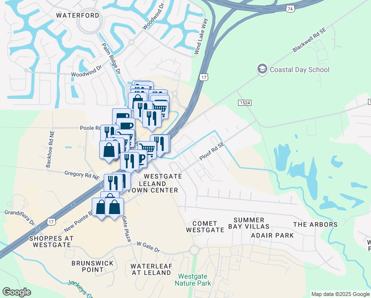 map of restaurants, bars, coffee shops, grocery stores, and more near 9490 Ploof Road Southeast in Leland