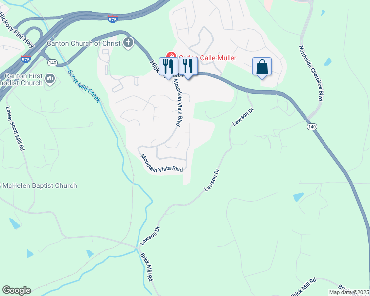map of restaurants, bars, coffee shops, grocery stores, and more near 225 Mountain Vista Boulevard in Canton